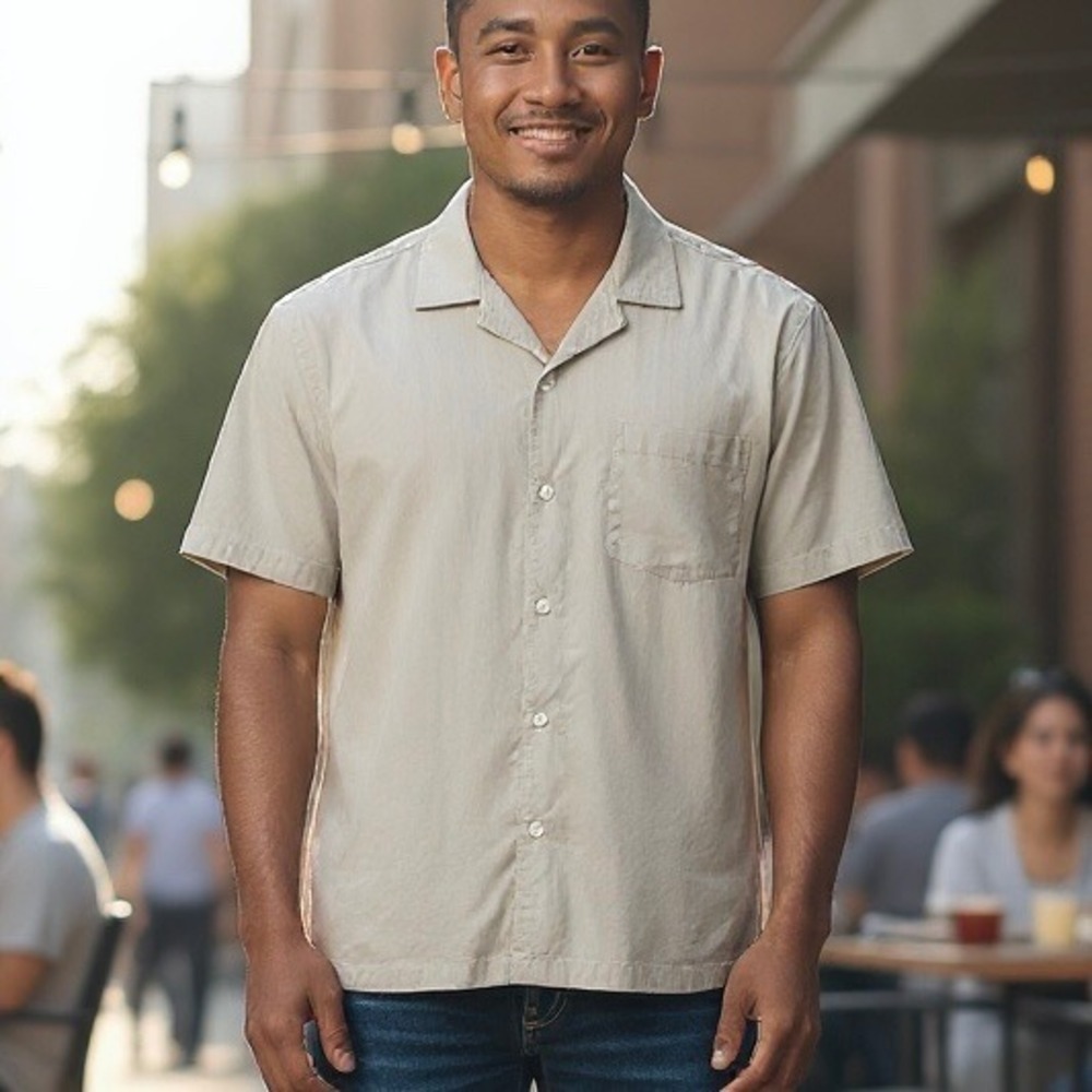 Goodfellow & Co. Mens Beige‎ Camp Collar Button Down Short Sleeve Shirt